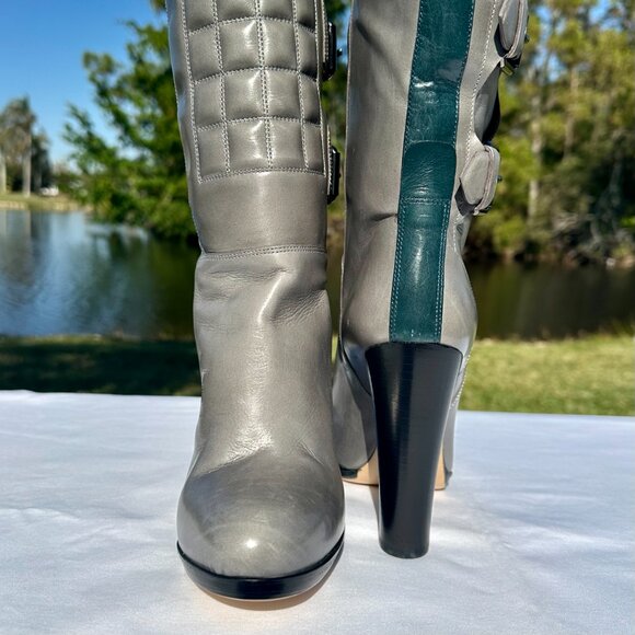 NIB Reed Krakoff Dark Gray Teal Leather Motorcycle Boot Buckle 7 Coach Designer - Picture 5 of 16